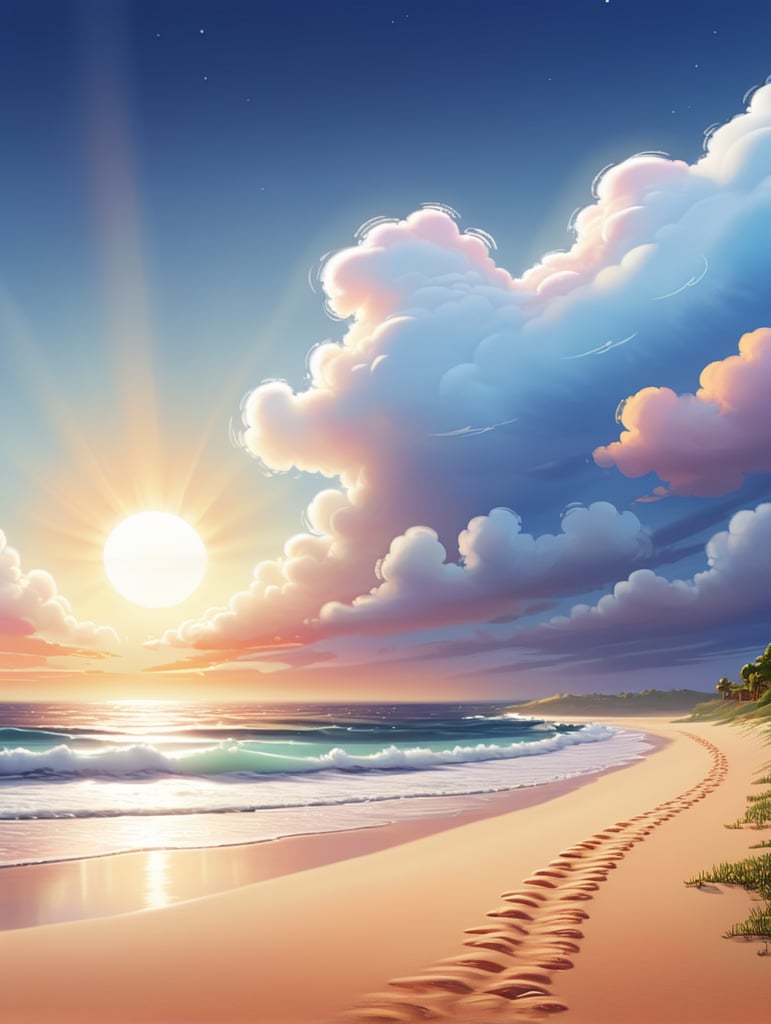 Um céu azul claro com nuvens brancas e fofas. O sol está se pondo no horizonte, deixando um rastro de luzes avermelhadas e douradas. O mar está calmo, com ondas suaves quebrando na areia.