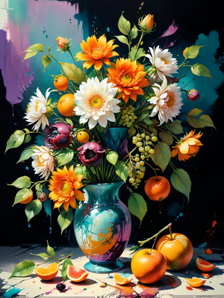 Craft a hyper-realistic still life painting showcasing a bouquet of exquisite flowers and fruits