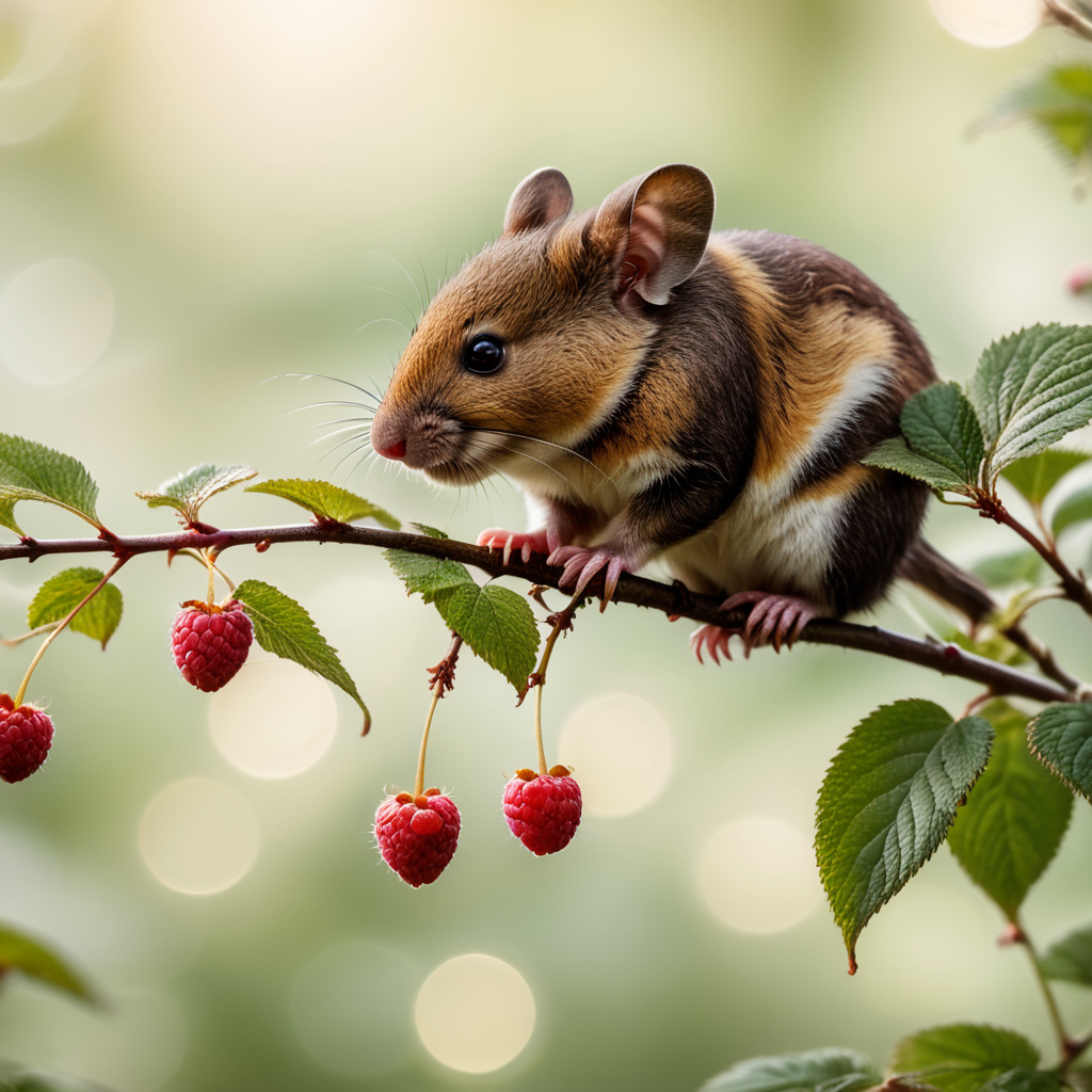 Mouse sitting on a raspberry branch + bokeh background