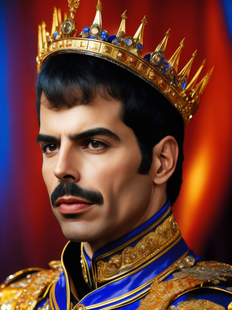 Portrait of Freddie Mercury wearing the Queen's crown, royal mantle, Vivid saturated colors, Contrast light, studio photo, professional photo, Detailed image, detailed face