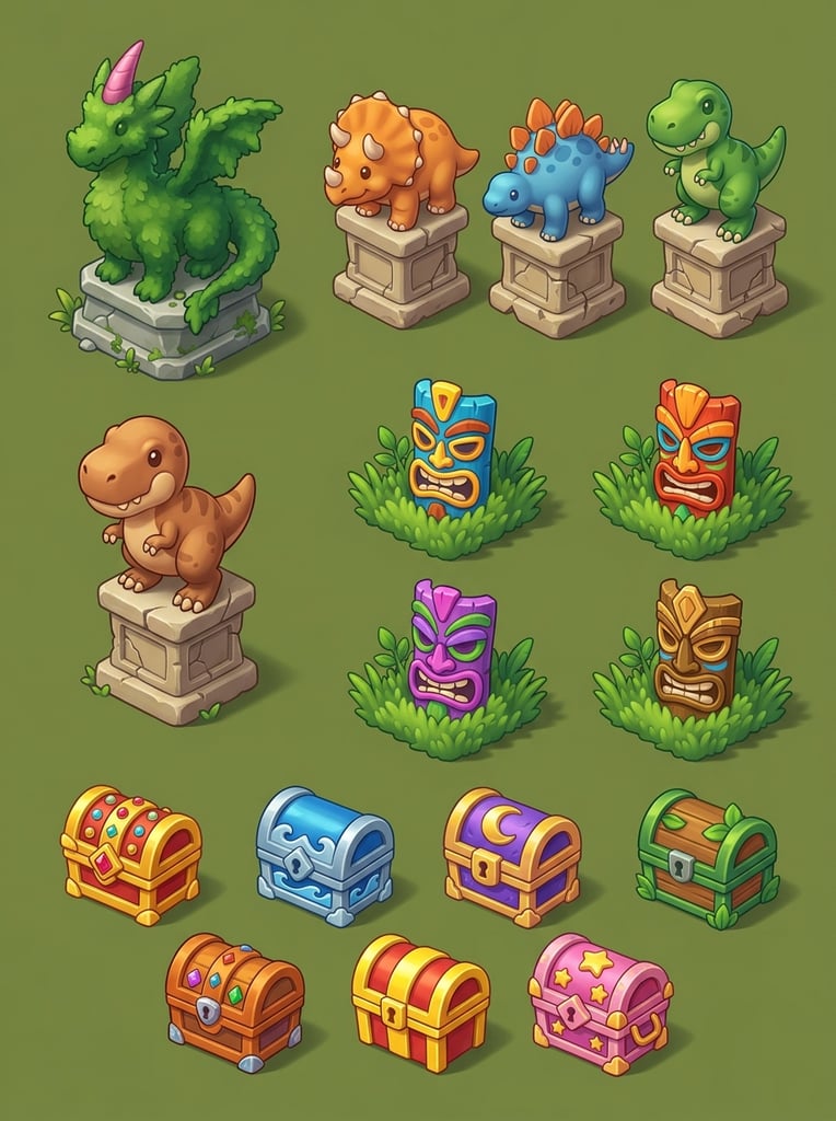 isometric game assets on solid olive green background, topiary green dragon with pink horn on stone base, three chubby cartoon dinosaur statues on cracked pedestals, four vibrant stylized tiki masks in grass patches, bottom row of seven diverse brightly colored mini treasure chests, smooth soft digital shading, casual playful 3D rendered style