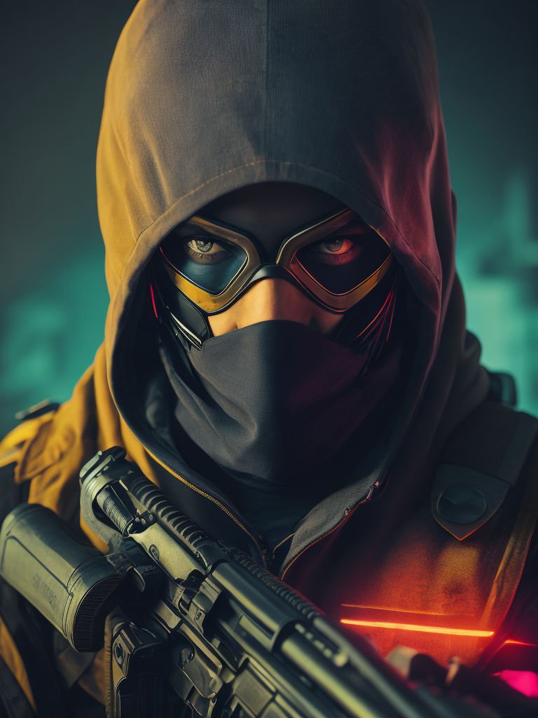 terrorist man with mask from counter strike game with ak-47, ultra realism, super detailed, neon colors, magazine cover, professional shot, magazine photography, bright saturated colors, sharp focus, highly detailed