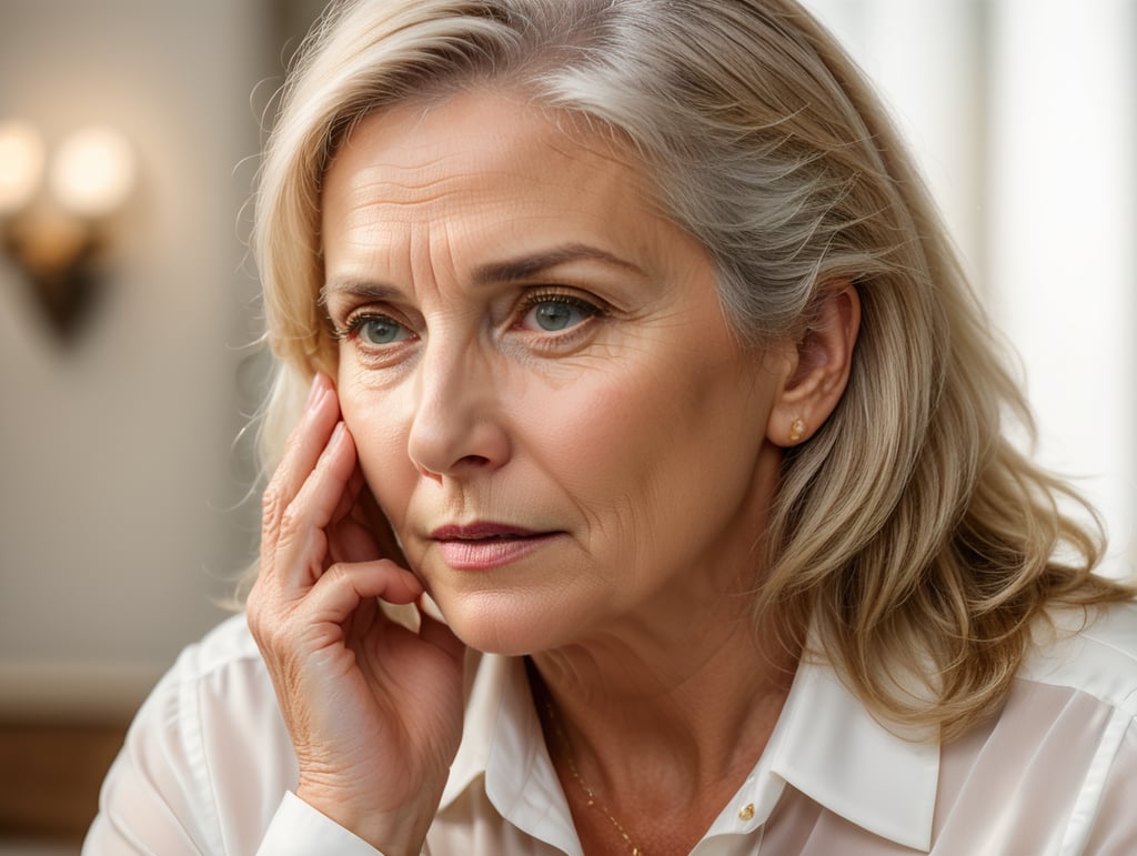 Blonde middle aged woman ponders on something keeps hand near face, white hair, white blouse, mature women, pretty old women, isolated, white background