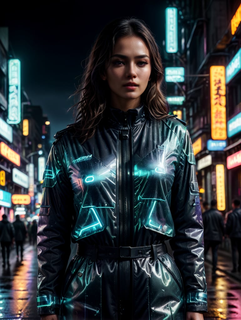 A women wearing translucent coat, standing on a street, neon cyber city, dark night, neon signs
