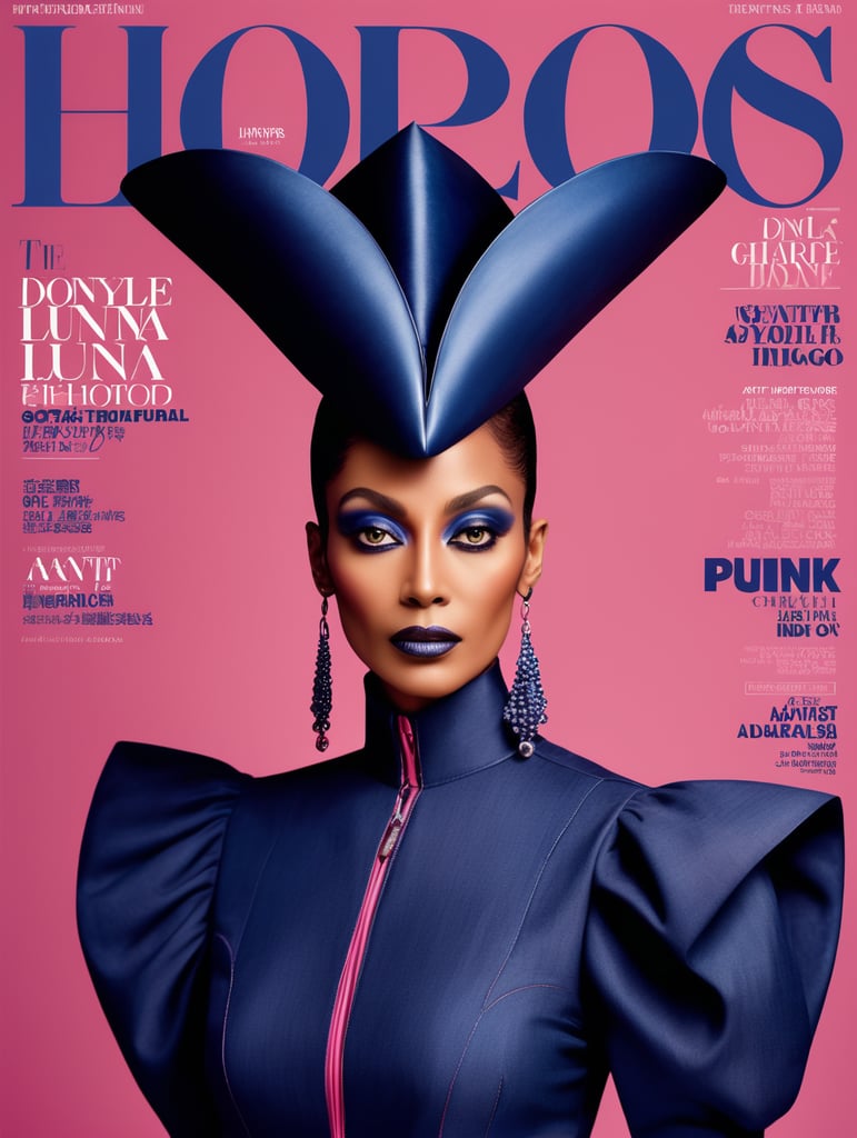 Donyale luna, avant-garde, simplygo, photoshoot spread, dressed in all indigo, pink background, harpers bizarre, cover, headshot, hyper realistic