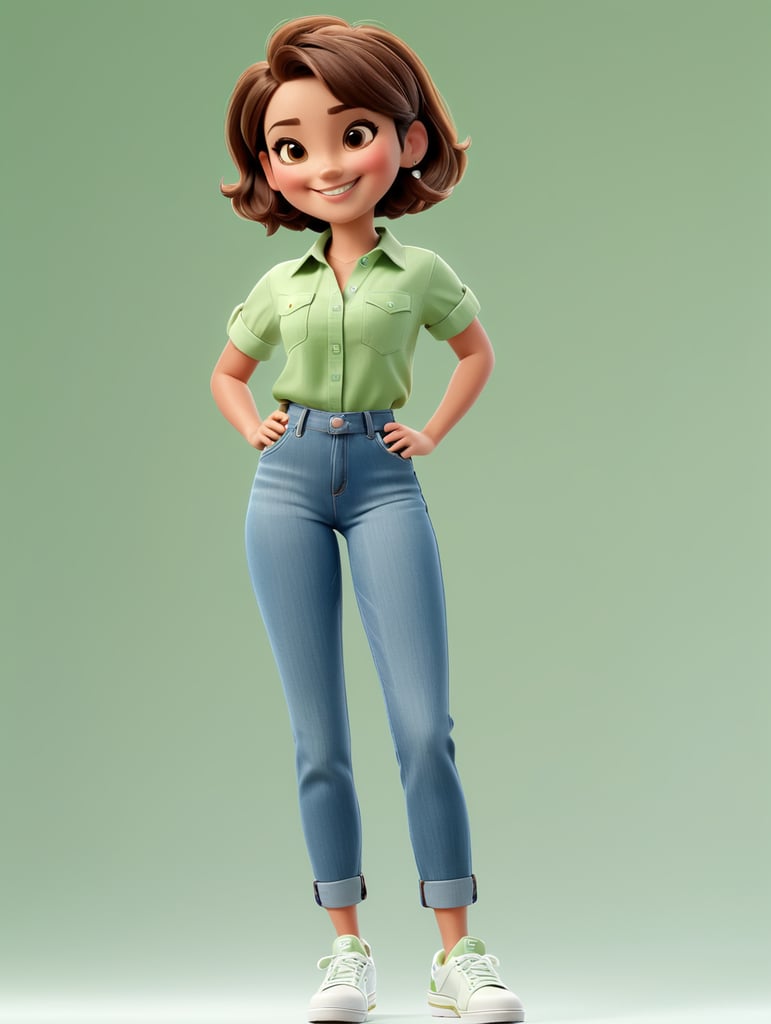 3d female brunette, short hair, denim pants, white shoes, plain green shirt, full body, plain white background, left thumbs up, smiling, Disney Pixar style
