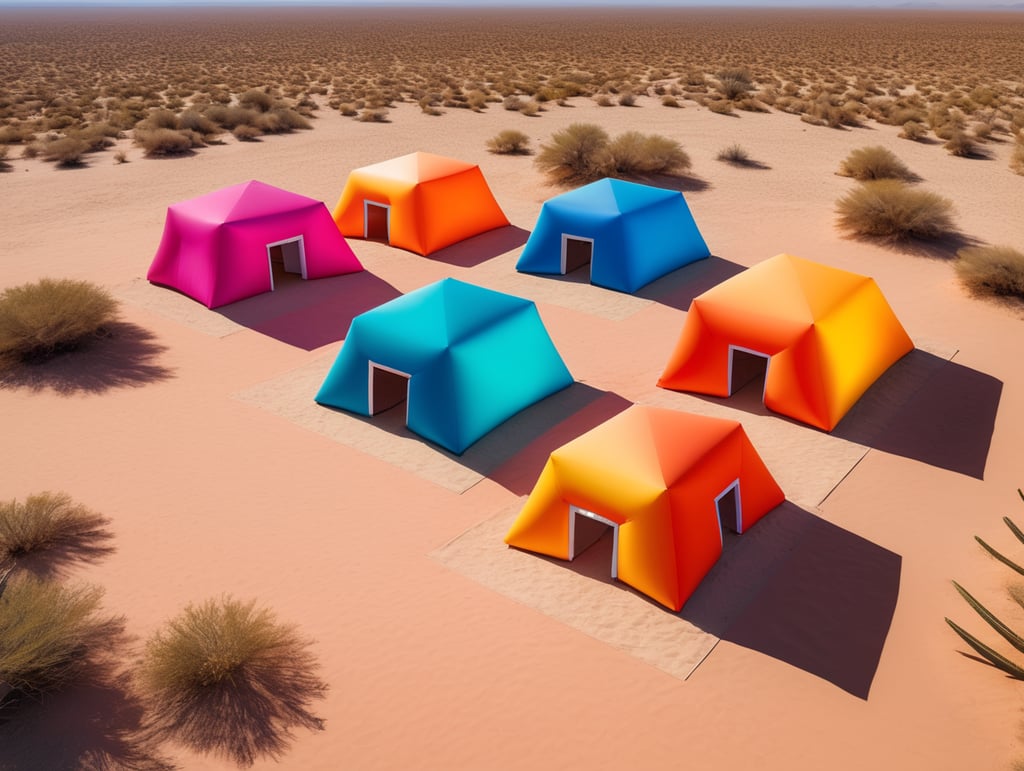 4 prismas inflables en medio del desierto inspirados en la arquitectura de Luis Barragán, con colores vibrantes y degradados.