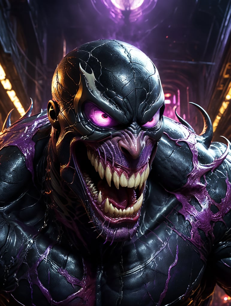 Venom kill Avengers, angry, blood, dead bodies, purple lights, underground, Tom Hardy is venom