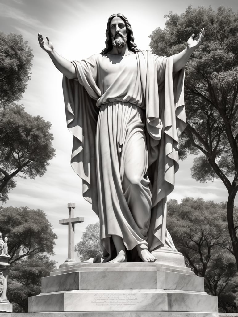 realistic Line Drawing of a full-body Jesus marble statue on a stone foundation carrying a cross