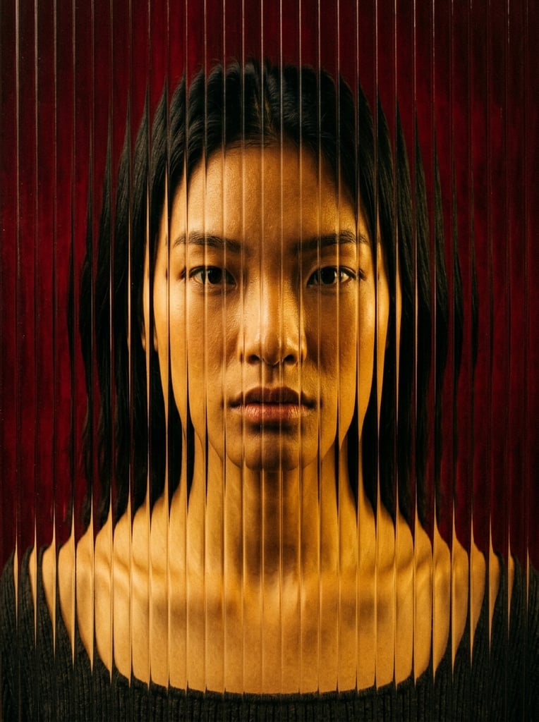 East Asian woman portrait seen through lenticular ribbed glass, dense vertical black distortion lines slicing across her features, intense neutral gaze, deep crimson red background, warm golden illuminated skin, bare collarbones, faint dark textured garment, centered symmetrical composition, high contrast optical illusion effect, avant-garde editorial photography