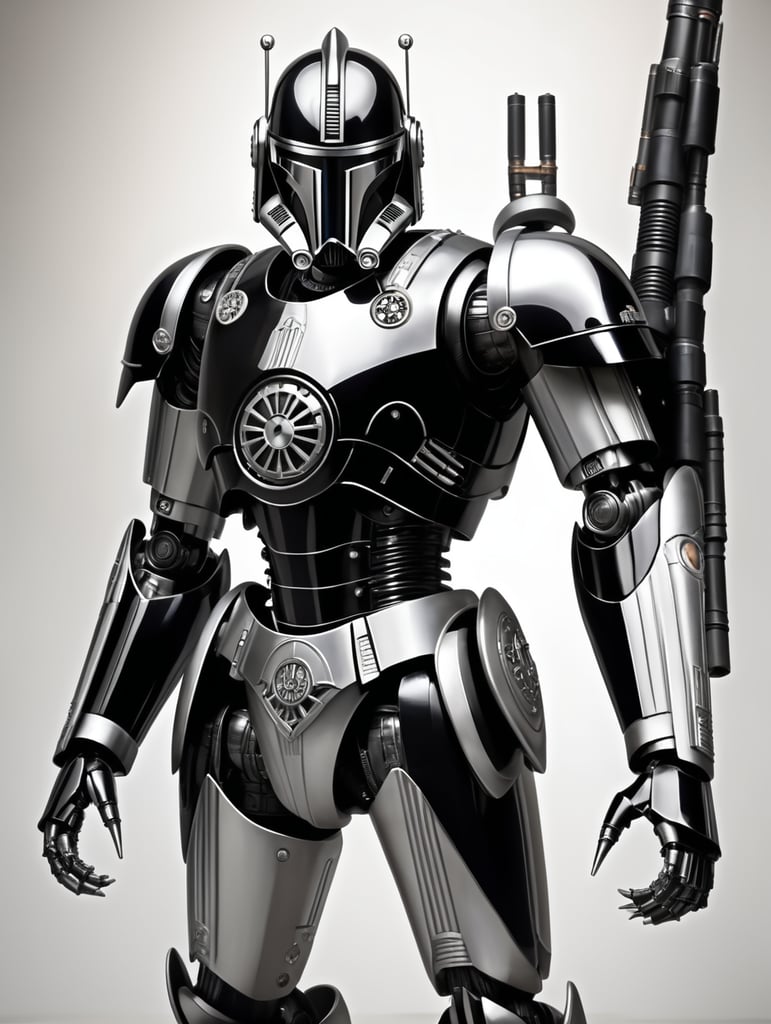 commando droid, star wars, full body, battle pose, shiny black and white armor, shiny silver light eyes