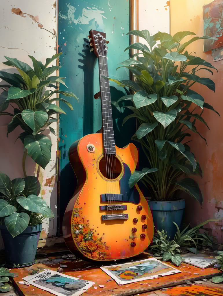 plants overtaking an old guitar, floor made of pizza