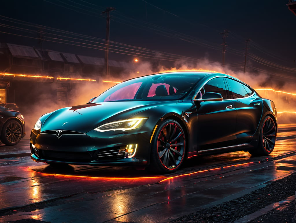 highly detailed, clean, tesla car with neon lights and trails