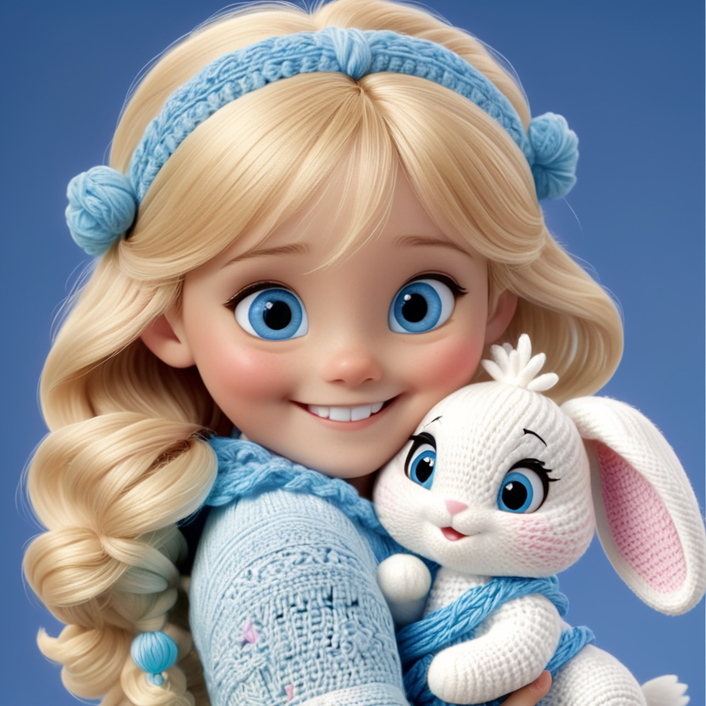 girl with blonde hair and blue eyes, smiling and hugging a white crocheted bunny in her hands, with skeins of yarn around her, Disney Pixar 3D style