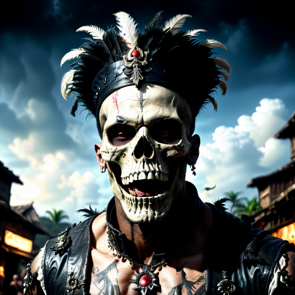 a screaming voodoo priest, eyes wide open, crazy expression on the face, the face is made up like a skull, makeup is made of chalk and partly smeared, black and worn top hat with a brim made of chicken feathers and small skulls, black and worn leather vest, his neck and chest and arms are completely tattooed with voodoo symbols, a glass of rum in the left hand, the right fist stretched towards the sky, full body, midnight, tropical jungle scene in the background, depth of field, taken with an 85mm lens, extremely detailed photo