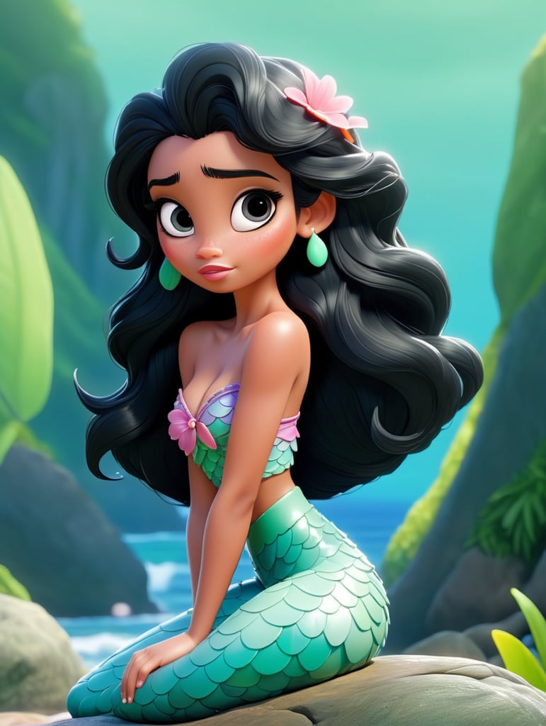 Cartoon of a young hawaiian mermaid with black hair on a beautiful island, sitting on rock.
