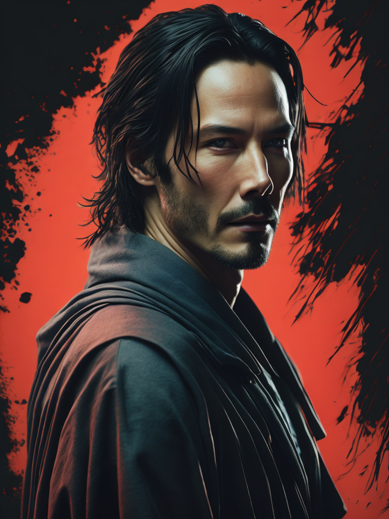 Portrait of Keanu Reeves as a samurai in a red kimono, serious look, detailed background in an oriental style, bright saturated colors