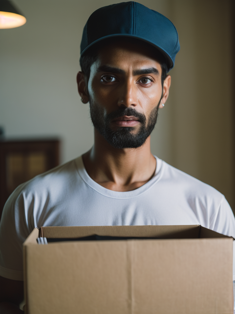 portrait of a delivery Indian man with black beard, wearing a white cap and white t-shirt, holding a box