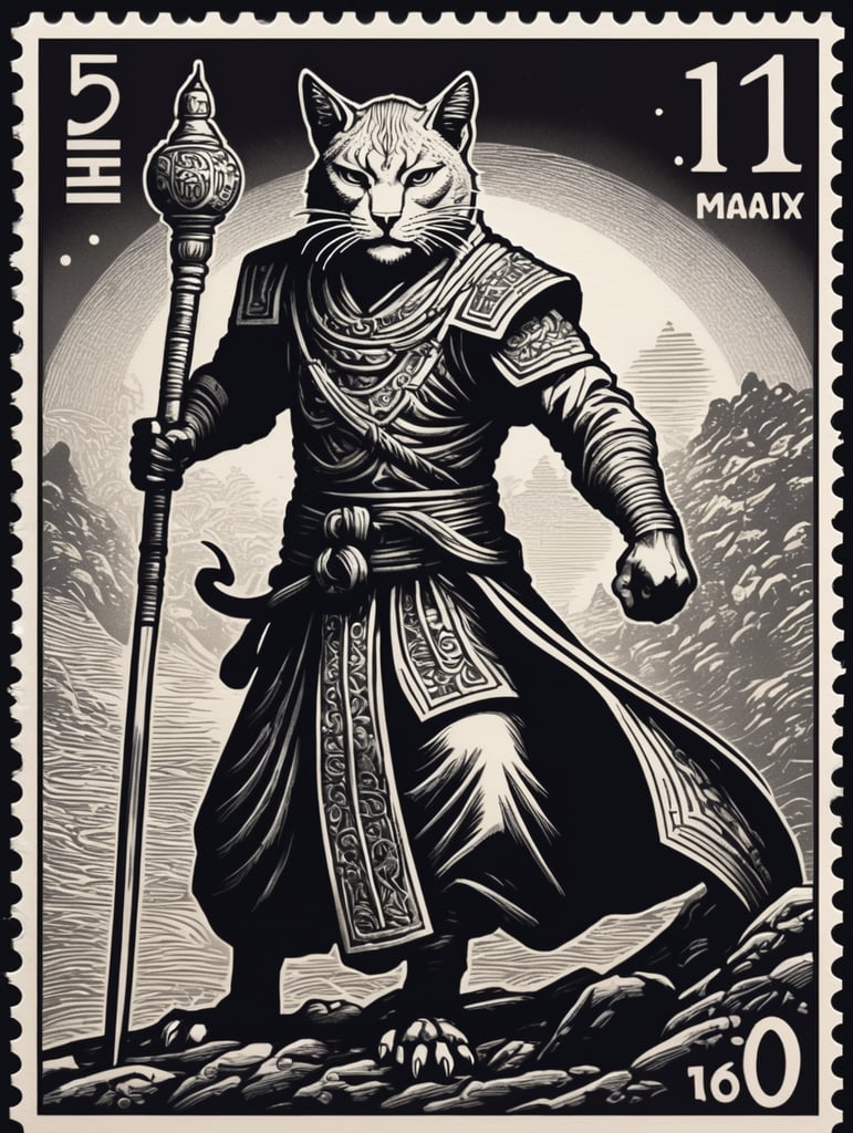 Black and white linocut postage stamp male tabaxi white and black tiger hero monk strong character thick bold dark lines