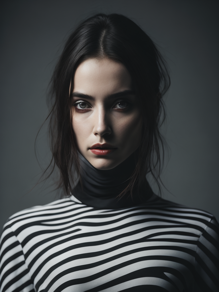 Pale-skinned girl model, wearing a black and white striped dress with a high collar, contrast lighting, Bright red make-up, Black and white curly long hair, dark background, fashion model, magazine cover, professional shot,