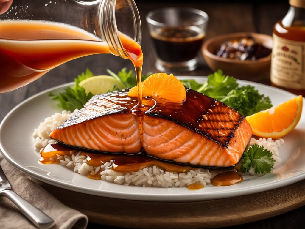 Teriyaki Dressing mixed with some orange syrup pouring over a salmon on a dinner plate, keep the bottle that the teriyaki dressing is pouring from in proportion