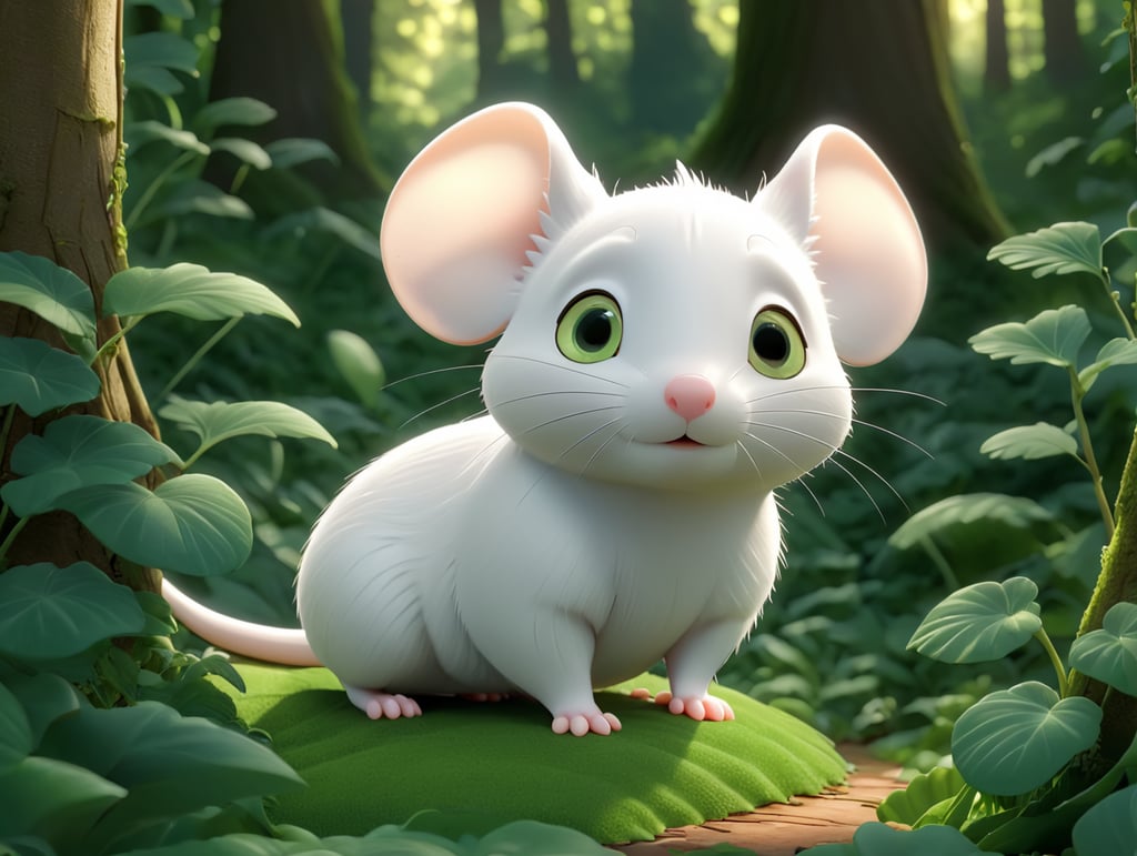 cute white mouse backwards looking to the deep of a green forest thick leaves lush trees nature scenery landscape.