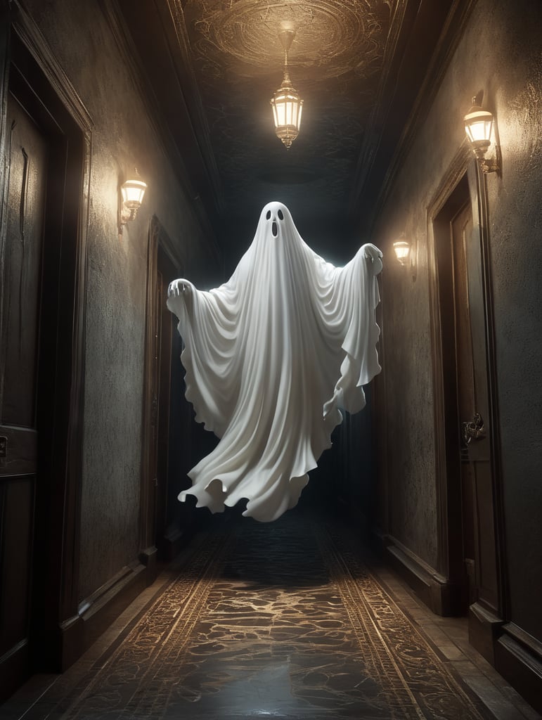 white friendly ghost in 3D flying down a passage with 1 dim light