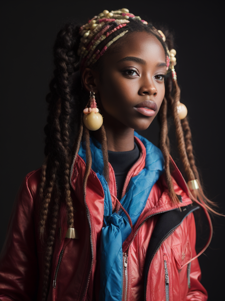 Beautiful dark-skinned girl with pigtails, bright elements woven into pigtails, bright makeup, multi-colored jacket, black background