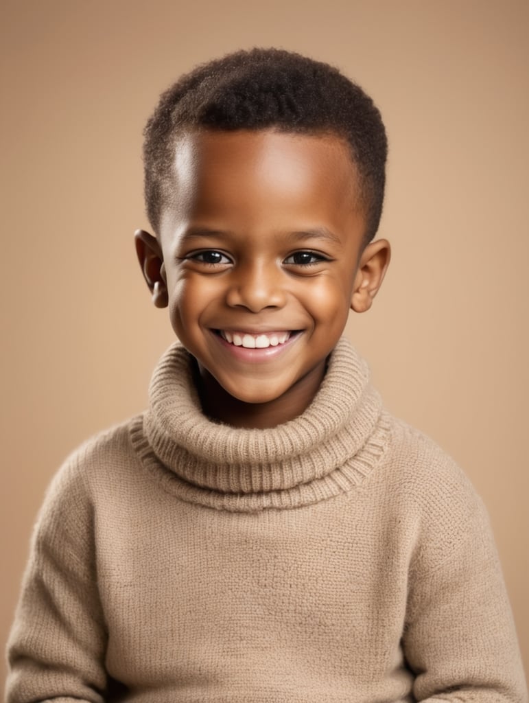 a potrait of a happy cute small 5 year old african boy in a warm poullneck sweater smiling