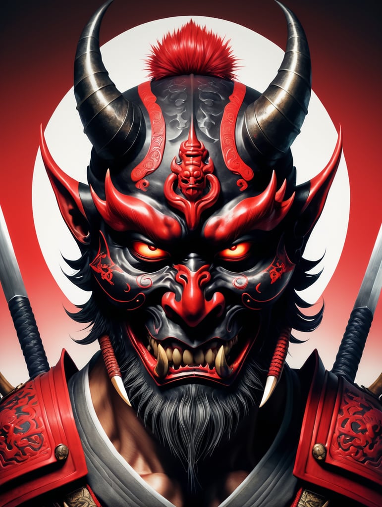 Illustration of a demon with two swords and a skull, demon samurai mask, oni mask, villain wearing a red oni mask, samurai mask, samurai with demon mask, demon samurai, demon samurai warrior, oni horns, inspired by ryūkōsai jokei, japanese art style, inspired by kawanabe kyōsai, mysterious