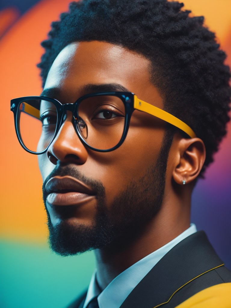 Detailed portrait of the singer the Weekend, Glasses with colored lenses, bright saturated colors, with a small beard, afro hairstyle, bright gradient background,