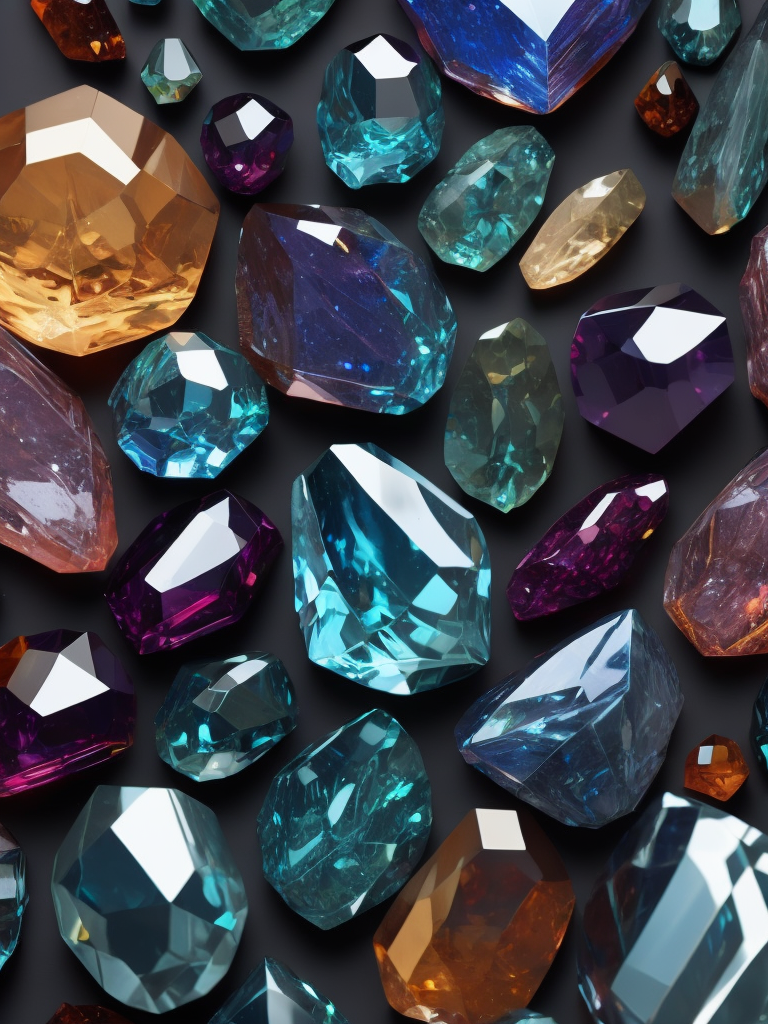 Crystal texture, pattern, background, top view, organic texture, seamless texture, scattered crystals, deep colors, contrast lighting, volumetric crystals, crystals stacked on top of each other, closely stacked crystals, knolling, flat lay, gems, crystals