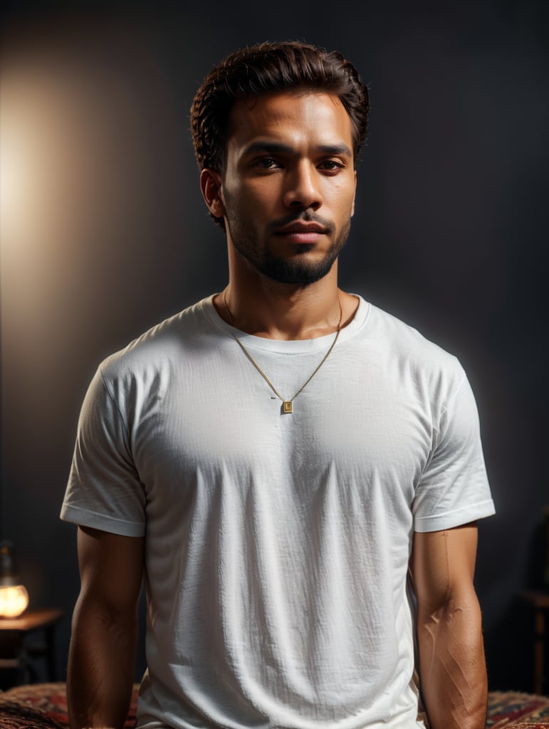 make me high definition - 4k a mixed race man, with body shot angle facing front to the camera, wearing oversized heavy cotton a flat MOCK UP white blank t shirt in bright warm tone studio photoshoot and aesthetic color vintage paintings, rugs, sofa on background