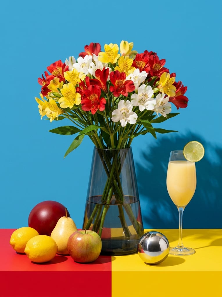 A vibrant still life arrangement of bright flowers, varied fruits, and geometric objects set against a solid azure blue backdrop. A dark, translucent conical glass vase centers the composition, holding a lush bouquet of red, yellow, and white alstroemeria flowers with green stems visible in the water. Clustered around the base on a flat surface split into solid red and yellow blocks are two yellow citrus fruits, a pale pear, a reddish apple, a reflective metallic silver sphere, and a large smooth dark red ball. To the right stands a tall stemmed glass filled with opaque yellow liquid. Strong studio lighting from the upper left casts distinct shadows. The image features a bold, high-contrast primary color palette, evoking crisp, vivid graphic commercial photography with striking color-blocking.