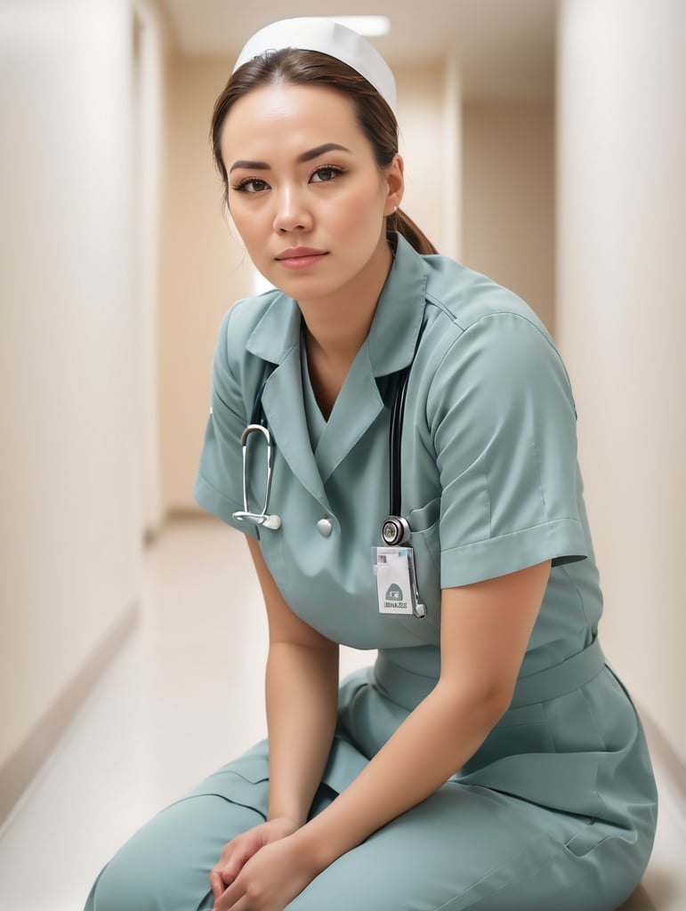 Portrait of a female working nurse, sitting on the floor in the hallway, sad face, sad colors and atmosphere, the light from the window illuminates her face