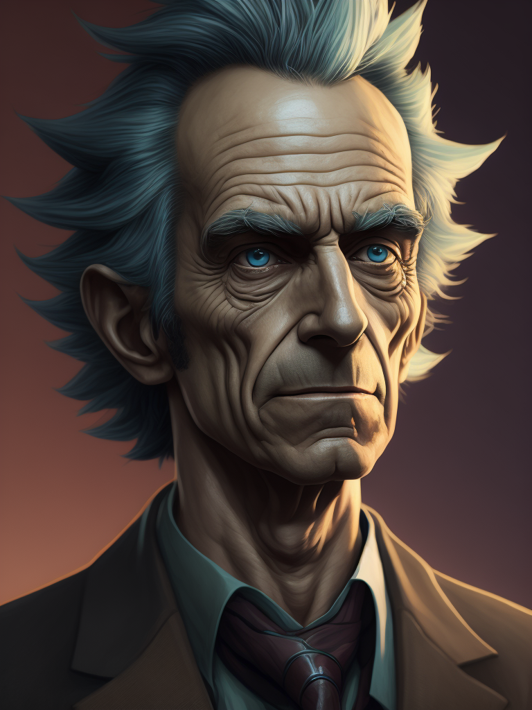 Dibujo de Rick Sanchez, al estilo de Rick and Morty, caracterizado como operador de bolsa