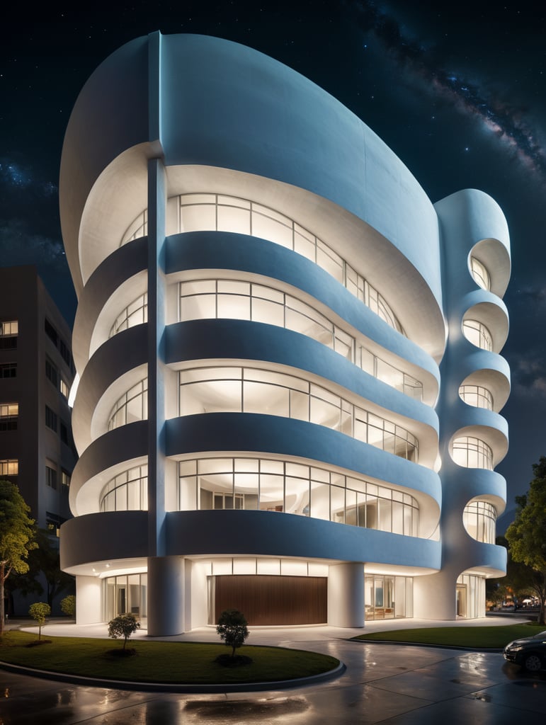 at night, white building with curved shapes in front, in the style of the stars art group (xing xing), women designers, eclectic curatorial style, sculptural costumes, concrete, urban influences, flowing fabrics