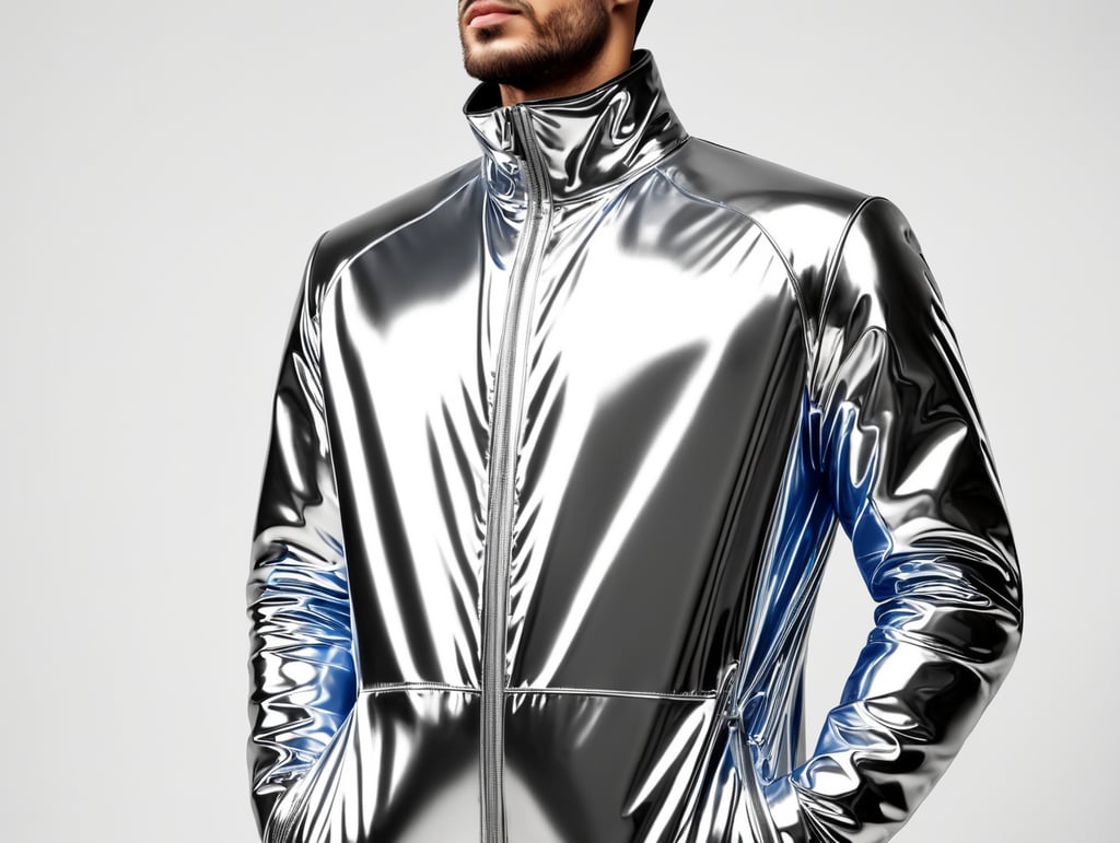 A realistic photo of a chrome shiny jacket on a invisible mannequin, coverall with reflective material, isolated, white background