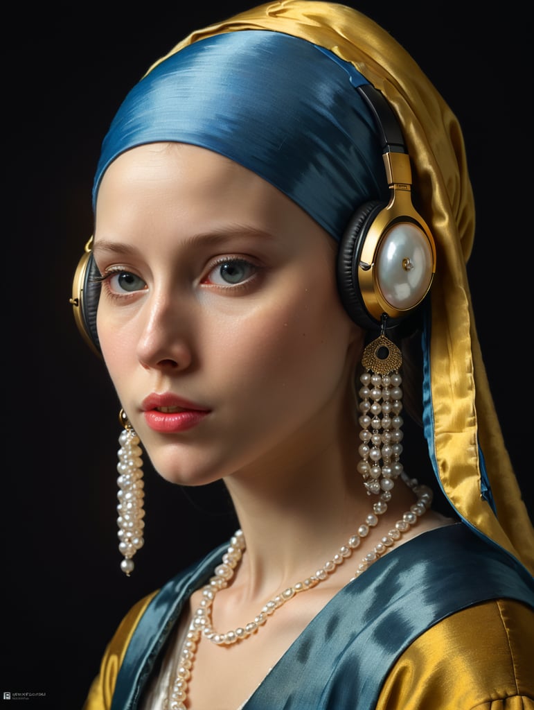 recreate Johannes Vermeer's classic painting, 1665, The Girl With The Pearl Earring, place a pearl-colored headphone on the girl