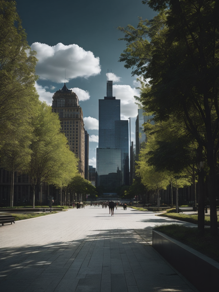 Chicago Millennium Park, Cloud Gate, Green trees, Skyscrapers in the background, Vibrant colors, Deep colors, Contrast lighting, Sunny day, High detail, Sharp details