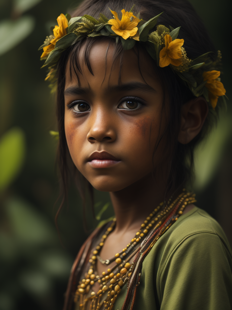 Portrait of an Brazilian amazon child, high definition, photography, cinematic, detailed character portrait, detailed and intricate environment