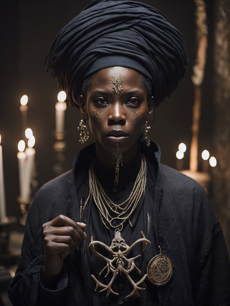 Voodoo priest, photorealistic, skull and bones, mysterious, african american, high definition, photography, cinematic, detailed character portrait, detailed and intricate environment, detailed and intricate environment.
