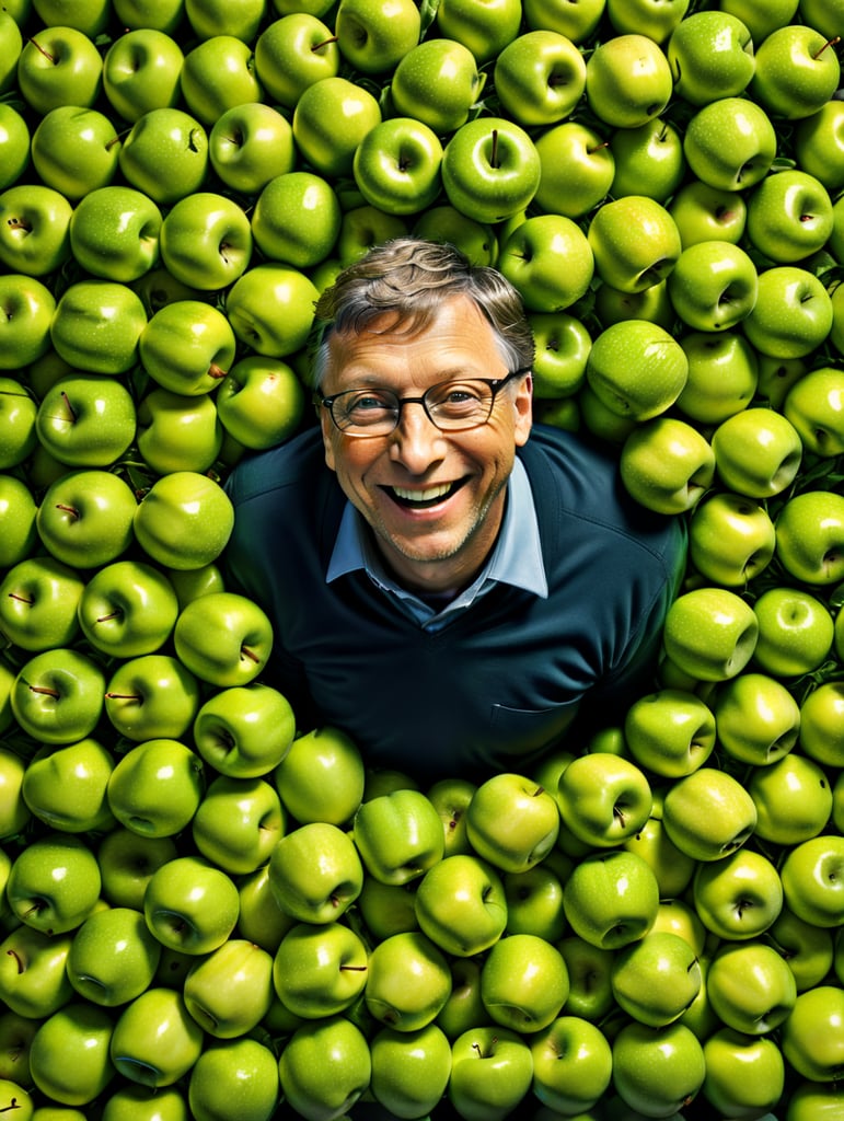 Bill Gates in the pile of green apples, happy face, vivid saturated colors