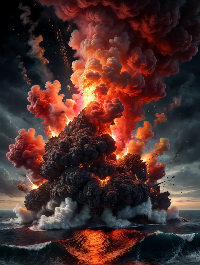 spark exploding in a red cloud of gas, over a black background hovering over the ocean