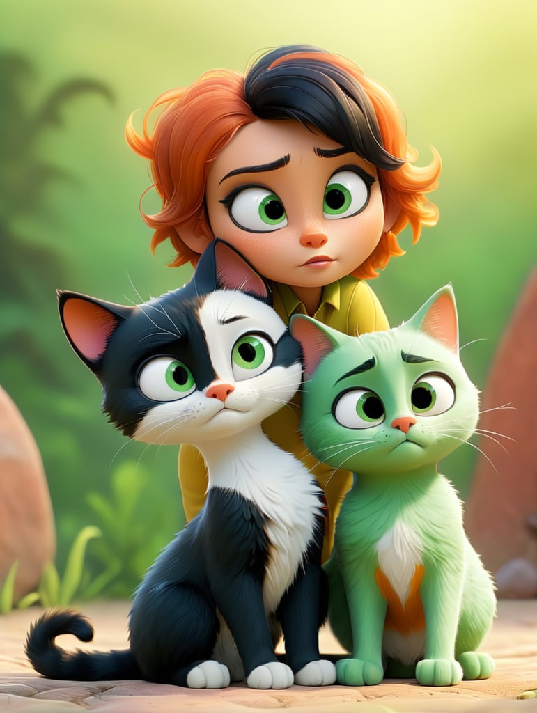 cat, tricolor, with green eyes and a short tail