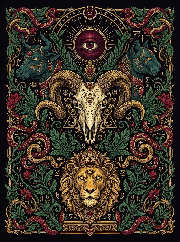 Symmetrical occult illustration on a black background centering a horned ram skull beneath a red single-eye emblem. Dark teal feline and bovine profiles flank the skull above a golden three-eyed lion head. Intricate green leaves, red flora, and coiled snakes densely pack the composition, rendered with detailed line work in a rich gold, crimson, and deep green palette.