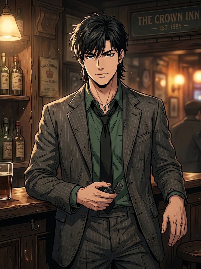 Anime man in a worn 1960s suit. He's in his early twenties has a black mullet and black eyes he is very fit