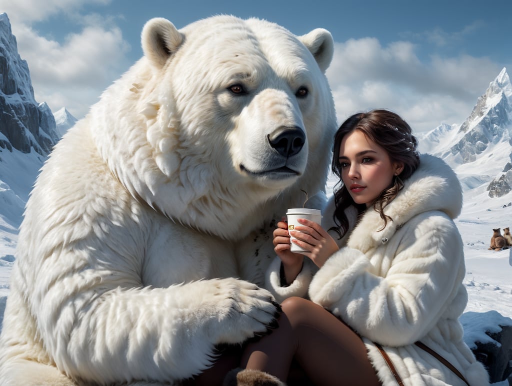 portrait of young woman with dark hair sitting drinking coffee from a cup, wearing a thick white fur coat, friendly polar bear sitting right next to her with his paw resting on her shoulder, polar location, ice and snow, cold environment, highly detailed