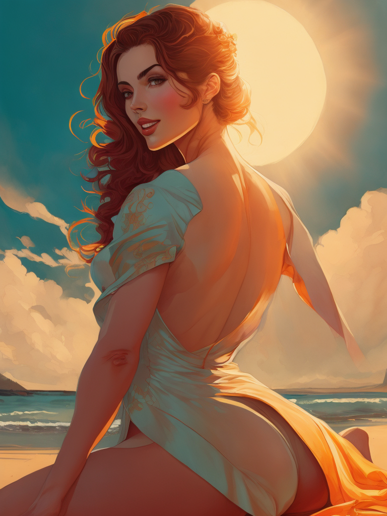 Realistic portrait of female pinup model in swimsuit sitting in a towel at a beach, in the style of art nouveau, alphose mucha, vintage, 60s, 4k, summer golden light, highly detailed, romantic, cinematic, colourful and bright