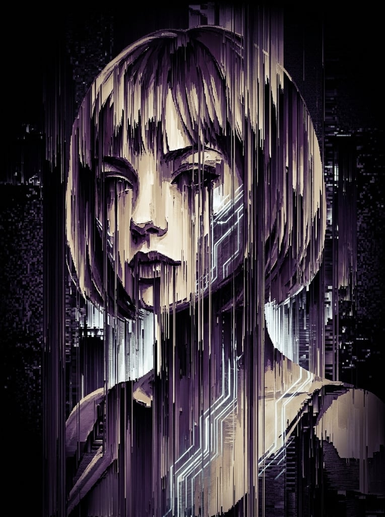 A feminine android with a bob-style haircut rendered in a dramatic glitch art aesthetic. The android's features are heavily distorted by intense vertical pixel sorting, creating severe downward-streaking digital striations across the face and hair. Deep purples, dark violets, and black shadows dominate the color palette, contrasting with muted beige and cream highlights. The highly stylized composition features sharp contrast and a dark vignette background, emphasizing the vertically fragmented digital manipulation.